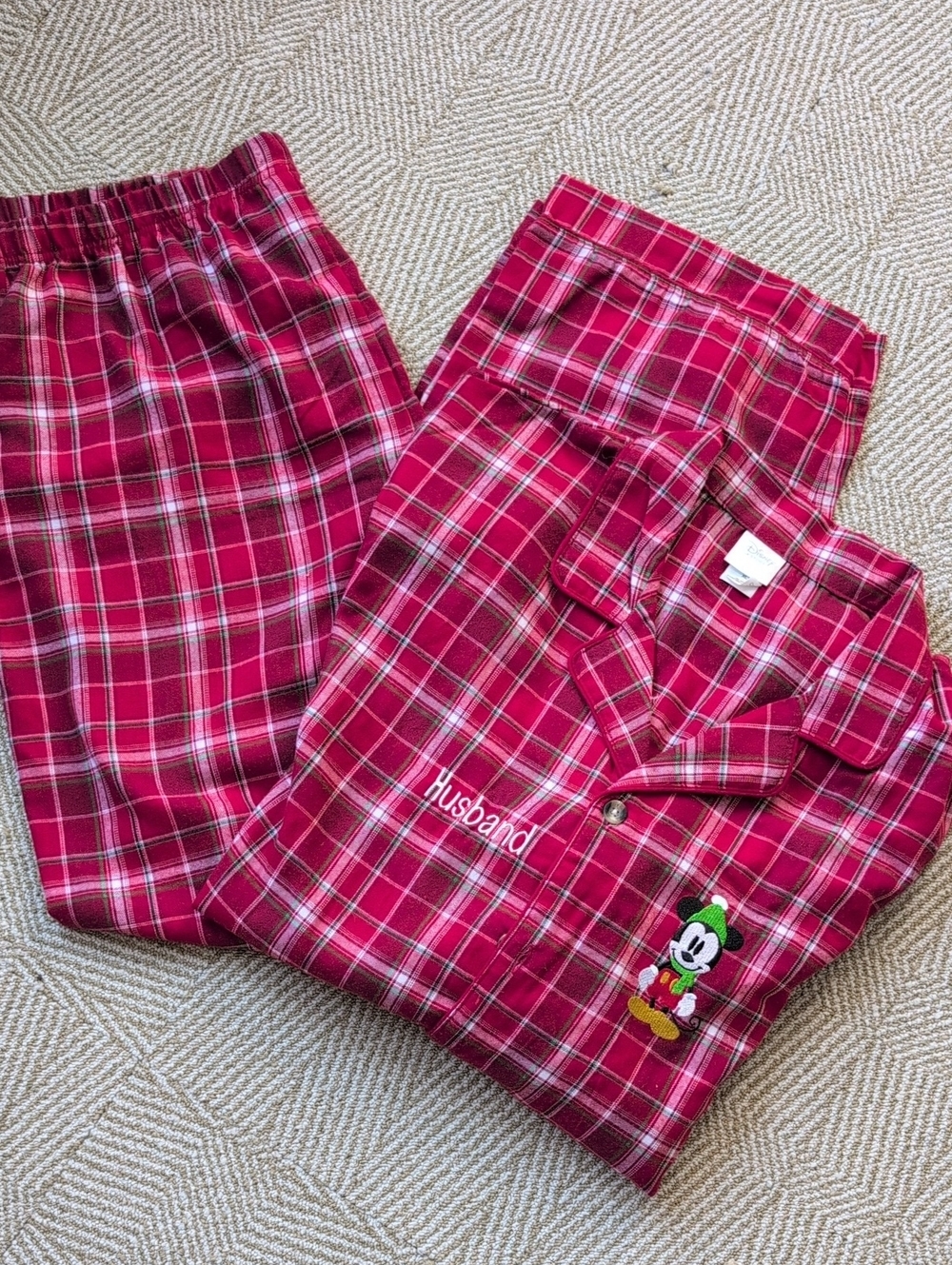 Disney Store Red Plaid Flannel Winter Mickey "Husband" Embroidered Pajama Set XL